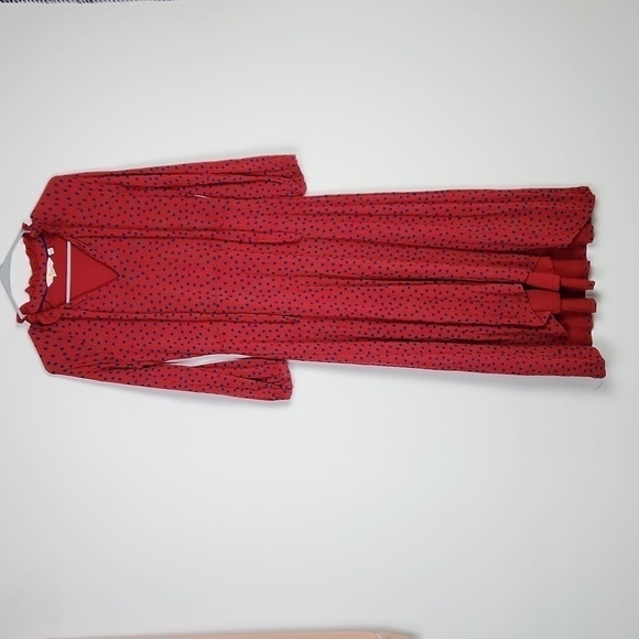 Boden Red Polka Dot Bow Tie Collar A-line High Low Midi Dress Size 2P - Picture 1 of 10